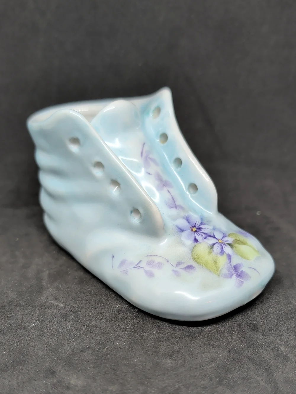 Vintage Porcelain Baby Shoe with Hand-Painted Purple Flowers 1960s Violets